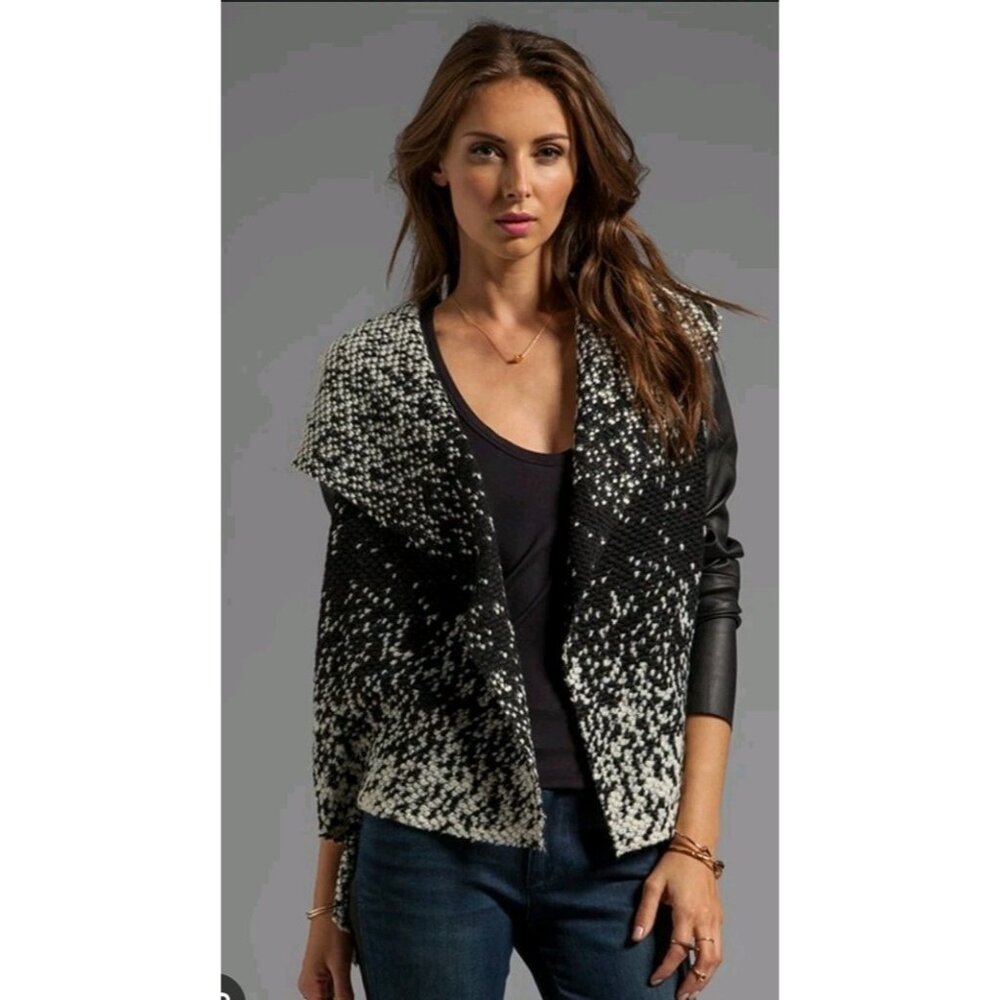 Dolce Vita Mula Snowy Hooded Knit Cardigan Leather Sleeves Black White Small